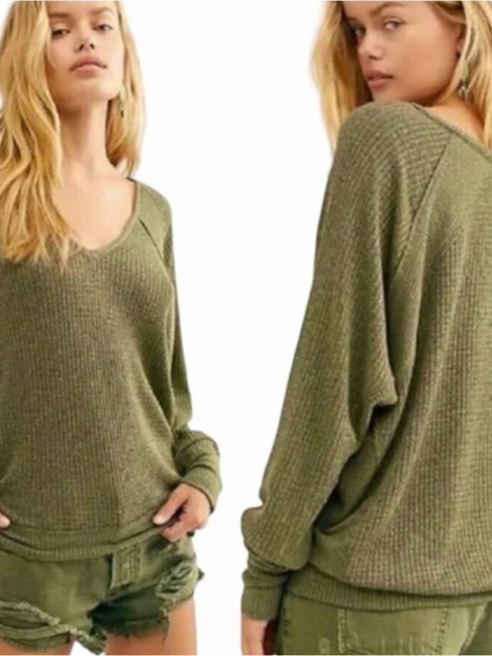 Free People Olive V-Neck Waffle Knit Pullover